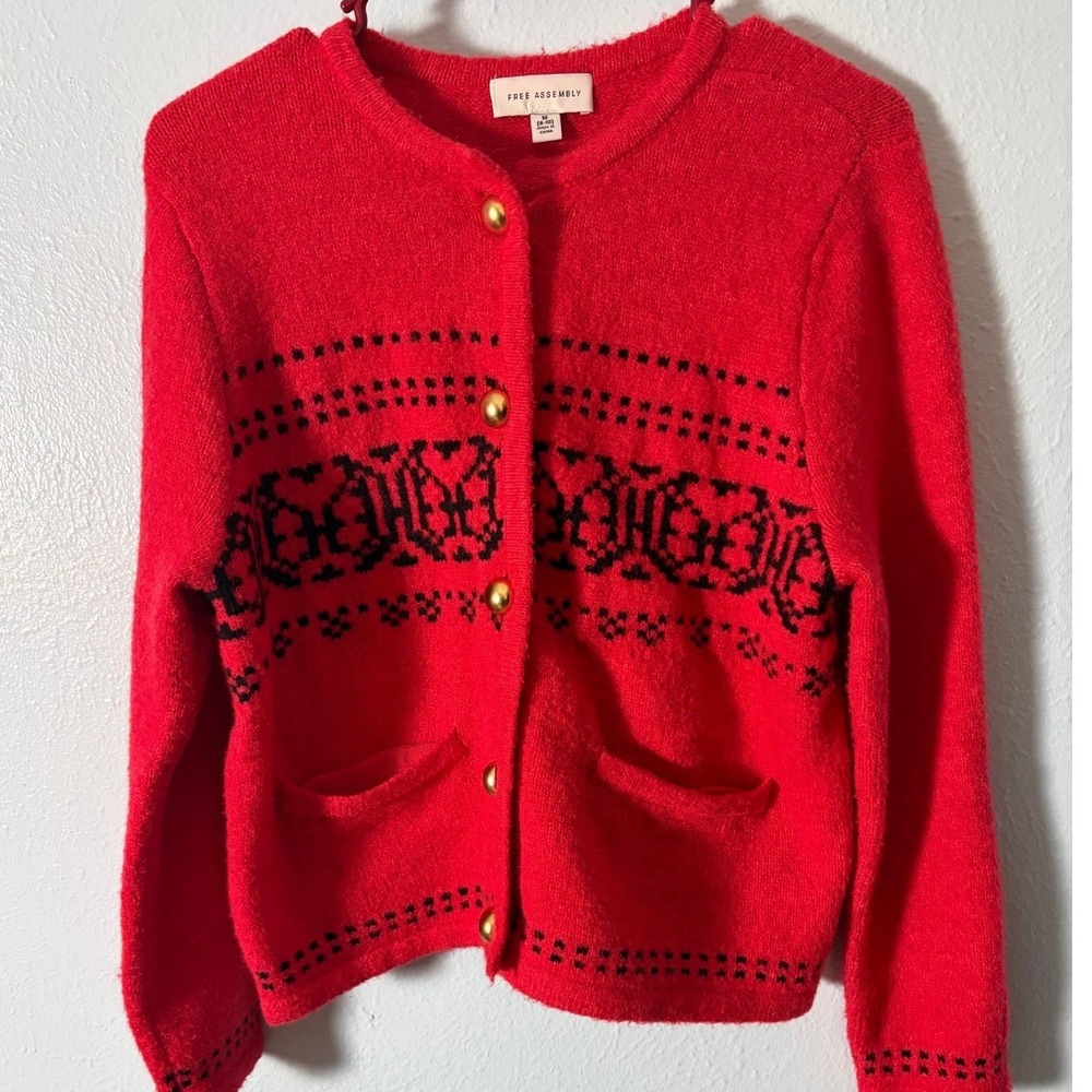 Free Assembly Red Fair Isle Cardigan Sweater Gold Buttons Women M Cozy Apres Ski